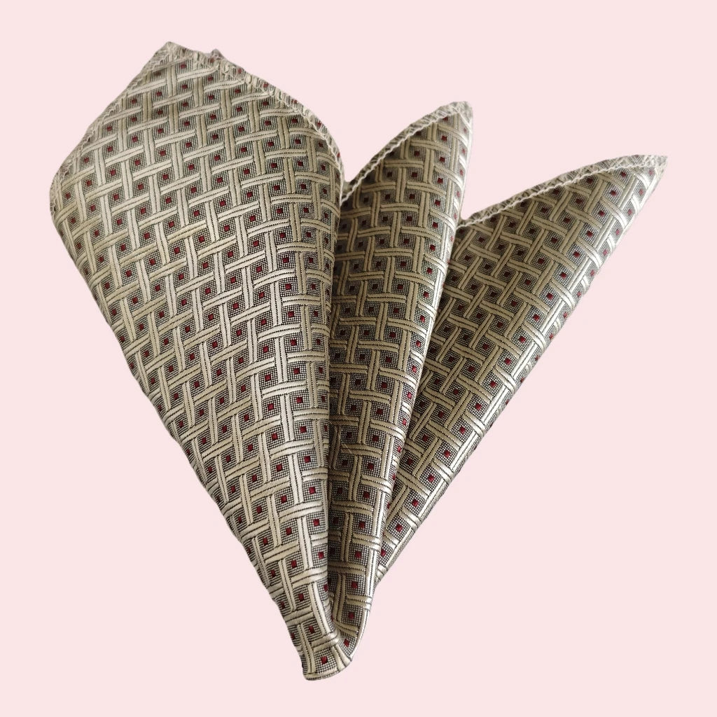 Beige and Red Polka Dot Knitted Satin Woven Pocket Square