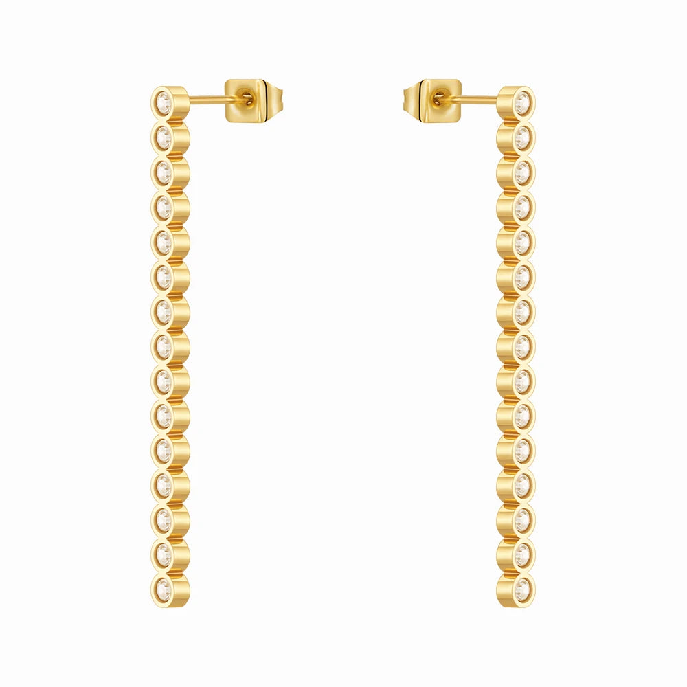 Latest 18K Gold Plated Stainless Steel Jewelry Beaded Stone Long Drop Zircon Stud Earrings Waterproof for Women Earrings E241552