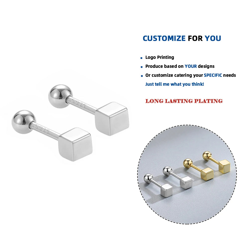 LE153 S925 Sterling Geometric Square Earrings Silver Stud Earrings for Women New Design Three-dimensional Cube Ear Jewelry