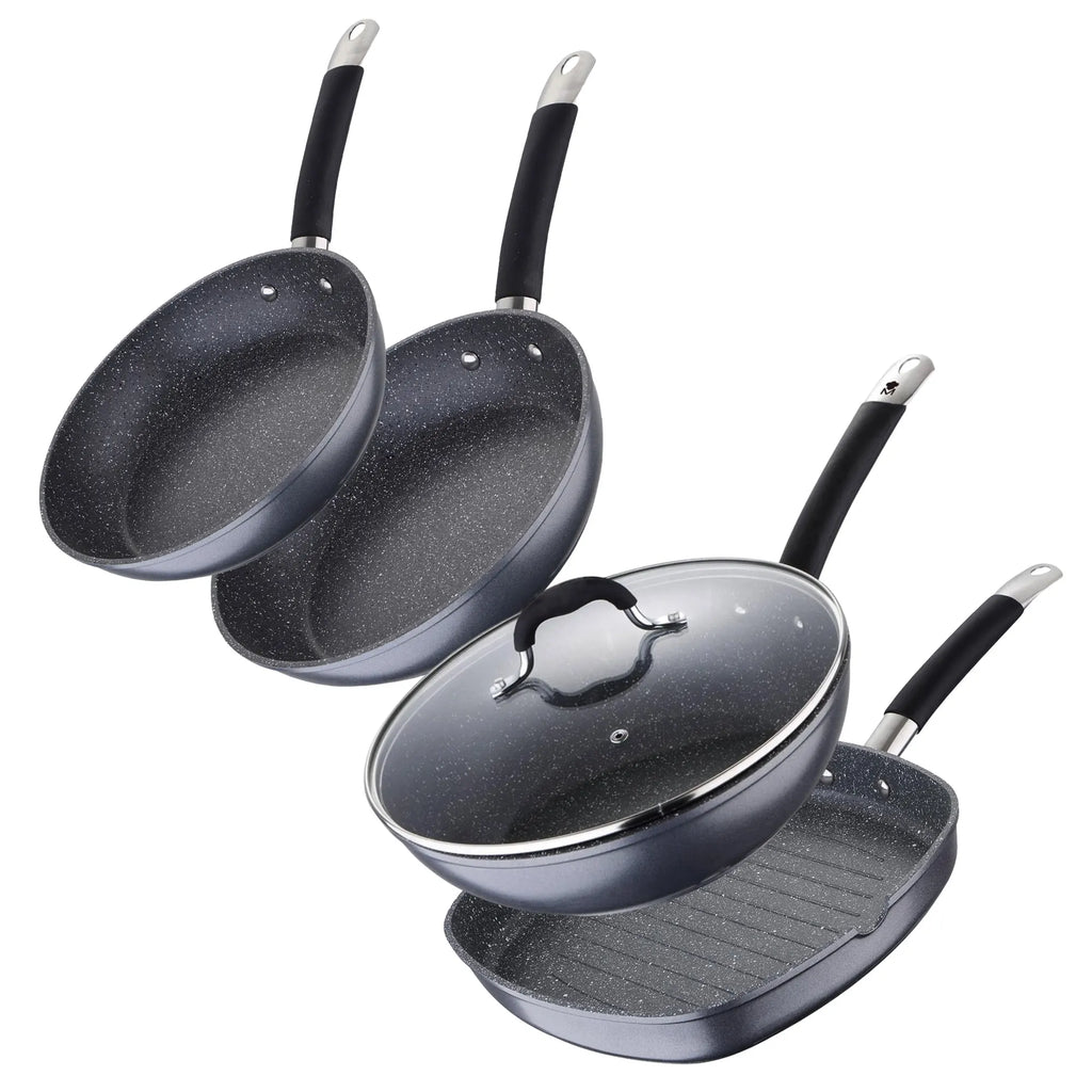 MasterPRO Set of 2 Frying Pans 2024cm + Wok 28cm + Grill Pan 28x28x4.5cm in Forged Aluminum Suitable for Induction Hobs