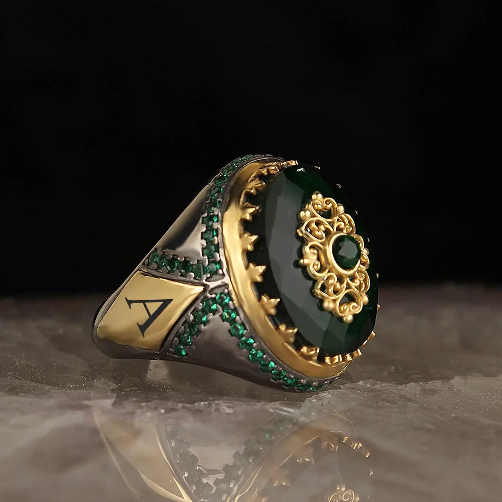 Turkish Style Vintage 925 Sterling Silver Men's Ring with Rhodium and Gold Bi-color Plating Model RCEGYT-299