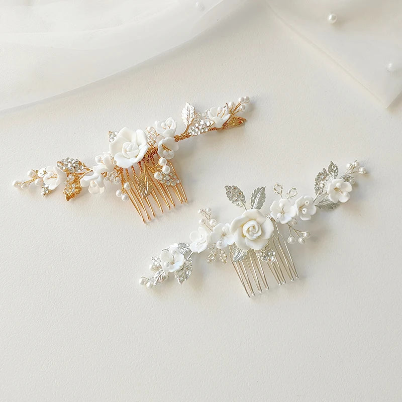 Elegant Floral Hair Comb for Wedding Bridal Ceramic Flower Jewelry Headpiece Makeup Hairstyle Decoration Headdress