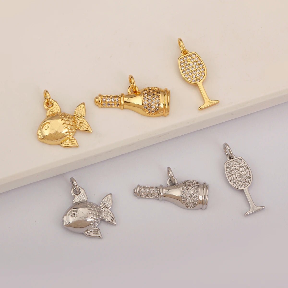 QIKU Wine Glass and Bottle Pendants | Fish Charm Metallic Jewelry Charms with Zircon | Wholesale Personalized Charms