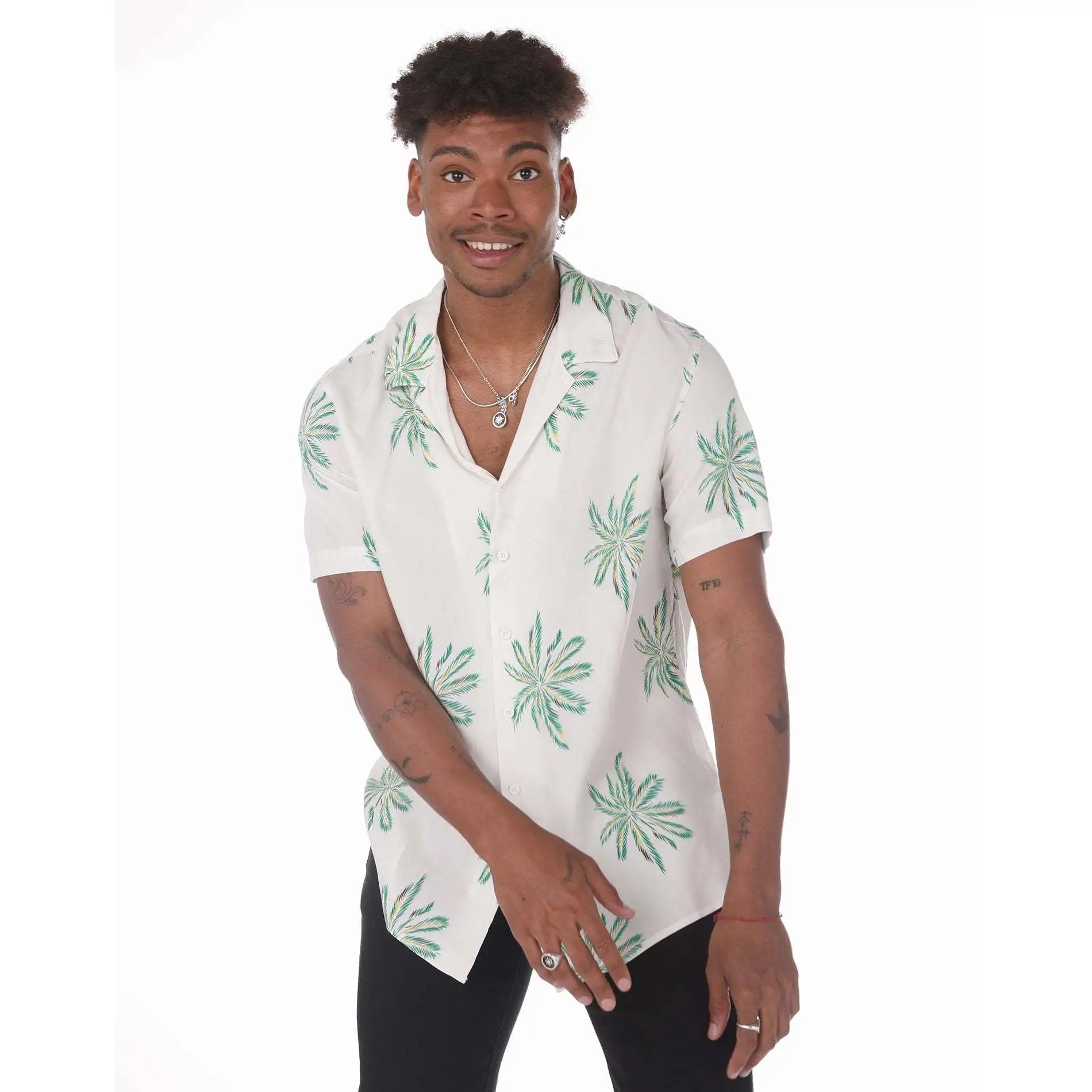 Soft Viscose Cotton Casual Hawaiian Shirt Empire Waist Men's White with Green Palm Trees Floral Print Breathable Summer