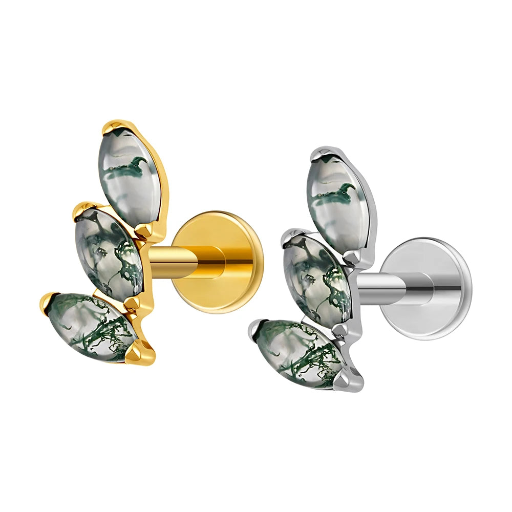 Right Grand F136 Titanium 16G Internal Thread Moss Agate Tragus Cartilage Leaf Climber Labret Ring Stud Nose Piercing