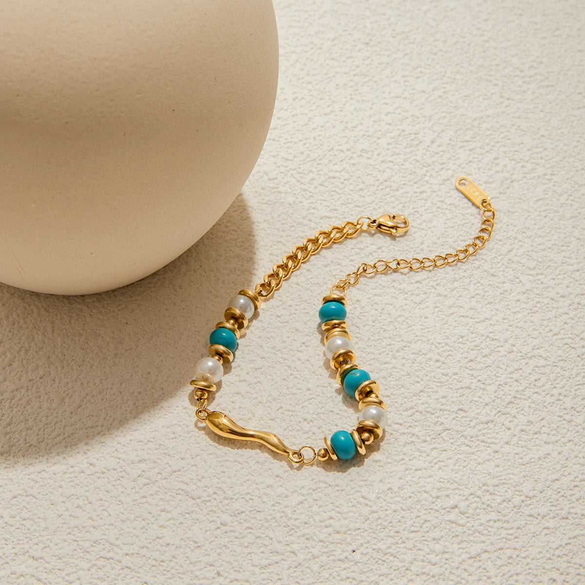 J&D Vacation Style 18K Gold Stainless Steel Water Droplet Shaped Turquoise Glass Pearl Bracelet