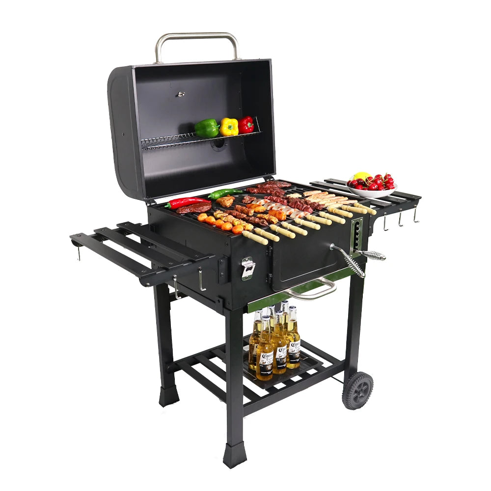 Modern Portable Iron BBQ Grill with XL Trolley Adjustable Height Premium Powder Coated Finish for Outdoor Camping & Home Use