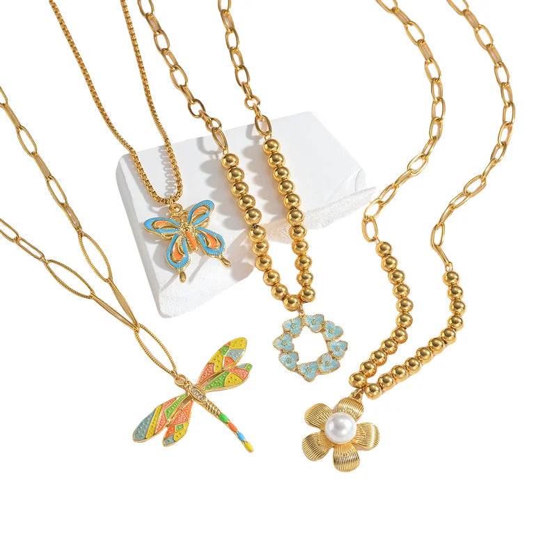 Fenyi Wholesale Jewelry Retro Niche Design Fashion Versatile Stainless Steel Color Oil Drop butterfly Necklace Sweater Chain