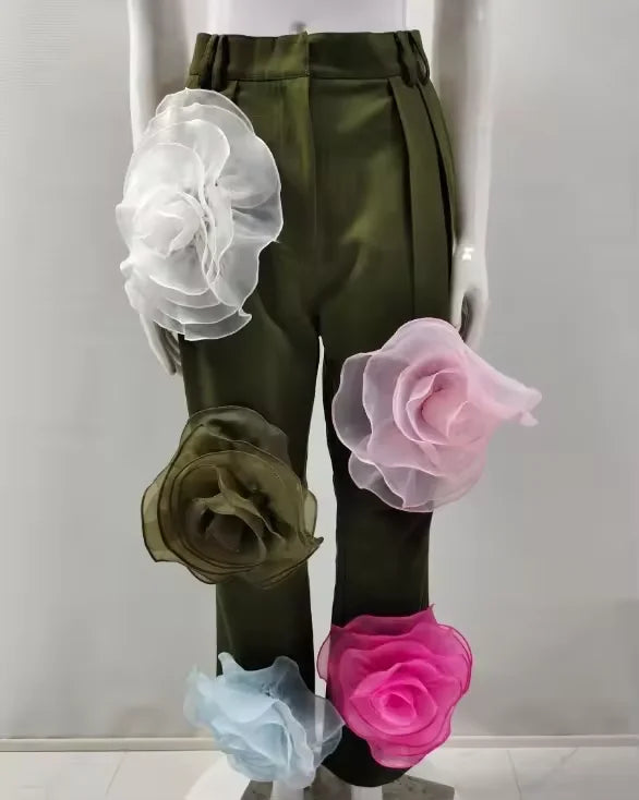 A9111 New Arrivals Amy Green Women Long Pants Three-Dimensional Flower Plus Size Ladies Casual Pants