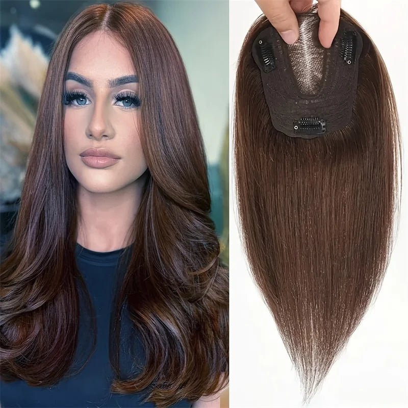 Women's 10inch Brown Straight Human Hair Topper 360Â° Full Top Cover Hand-Tied 12x13cm Base Pieces with Thinning Hair Toppers