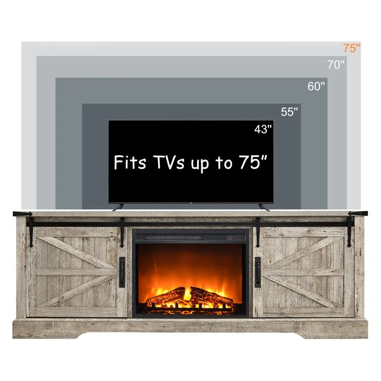 Luxury Vintage Barn Door Decor Tv Console Cabinet Fireplace Tv Stand for 75 Inches with Led Heater Fire Place