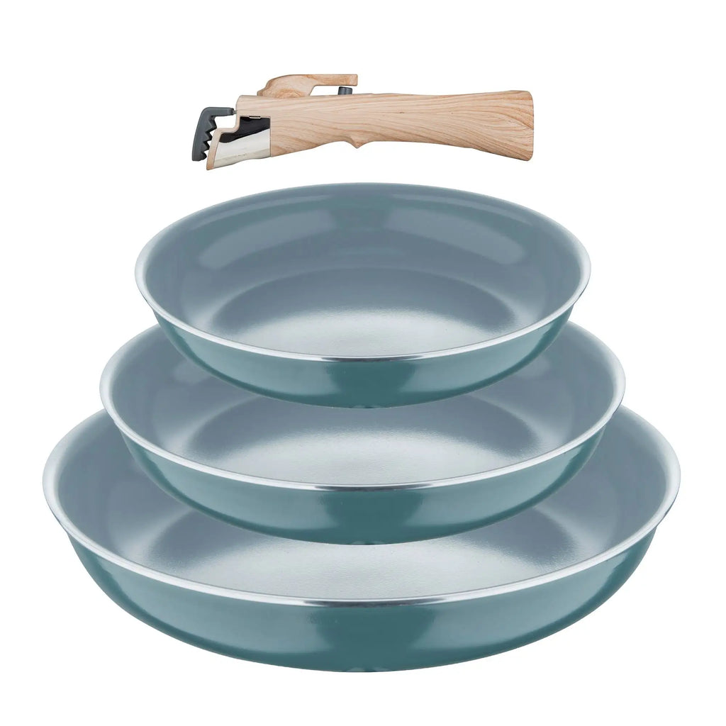 Bergner Click&Cook Set of 3 Frying Pans 18/20/24cm Recycled Pressed Aluminum Green + Removable Handle