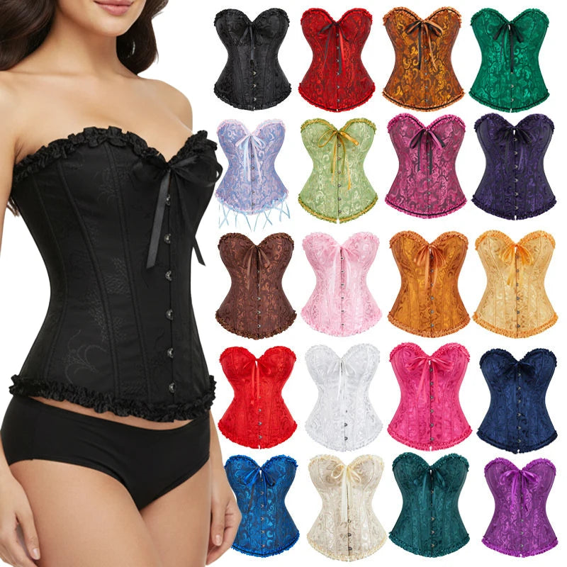 Women Vintage Haut Corset Satin Floral Lace Trim Renaissance Overbust Waist Cincher Slimming Breathable Eco-Friendly Bustier Top