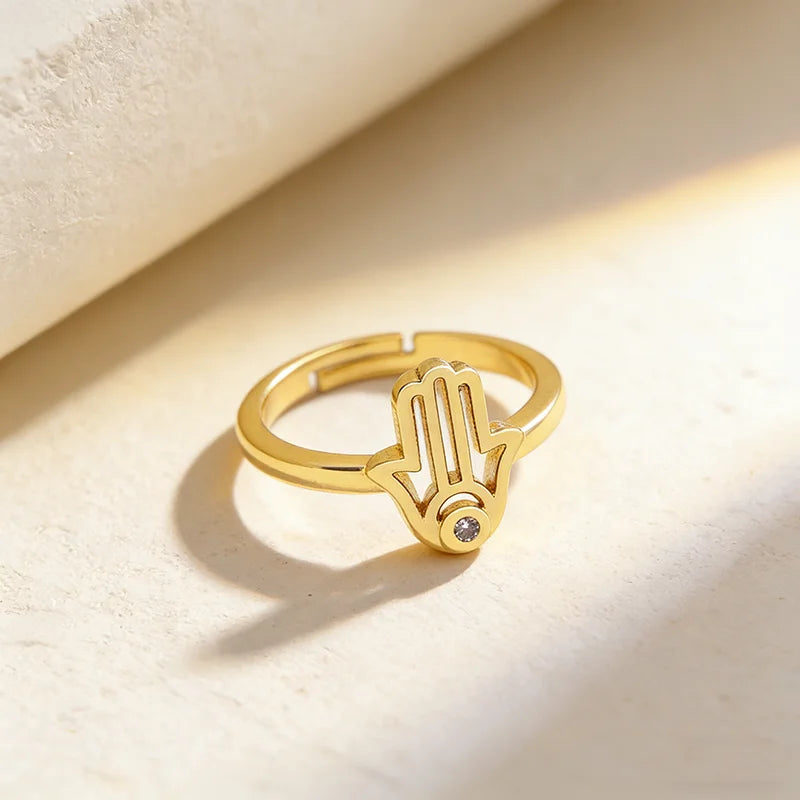 QIKU Europe and America Retro Copper Gold Color Palm Shape Ring Personality Copper Cubic Zircon Opening Couple Jewelry Wholesale