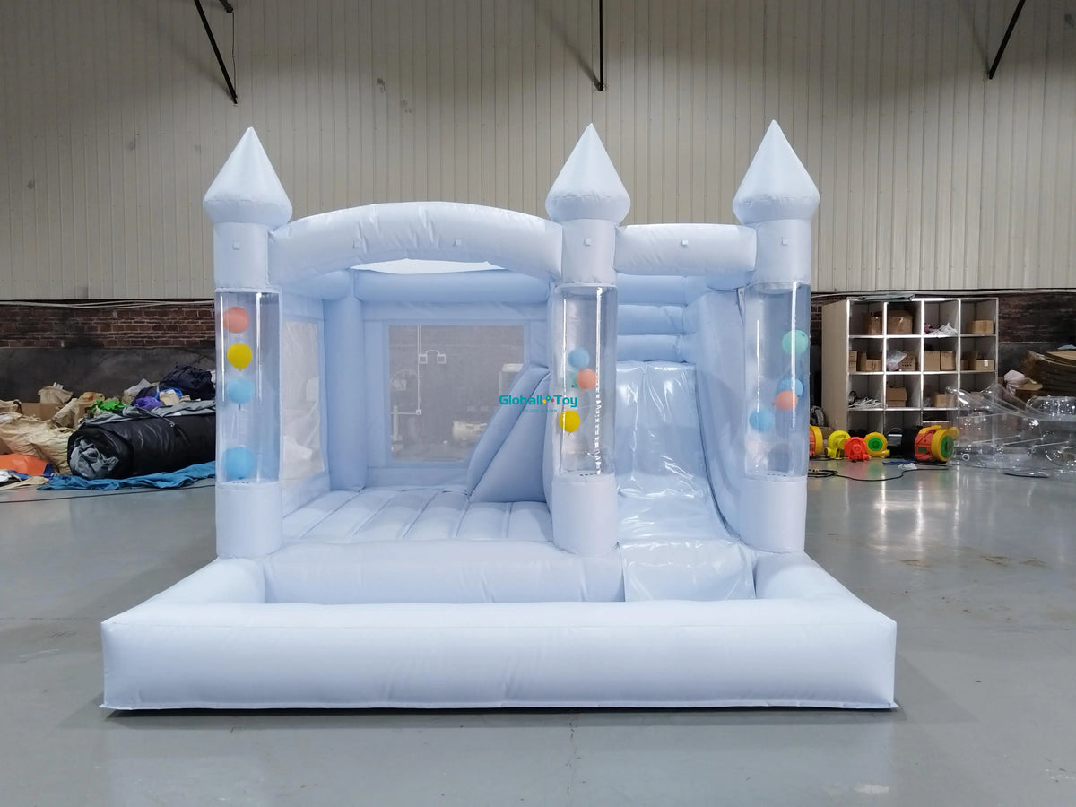 Light Blue Inflatable Castle Bounce House with Slide & Clear Ball Tubes for Kids Party Rentals MegaBDM