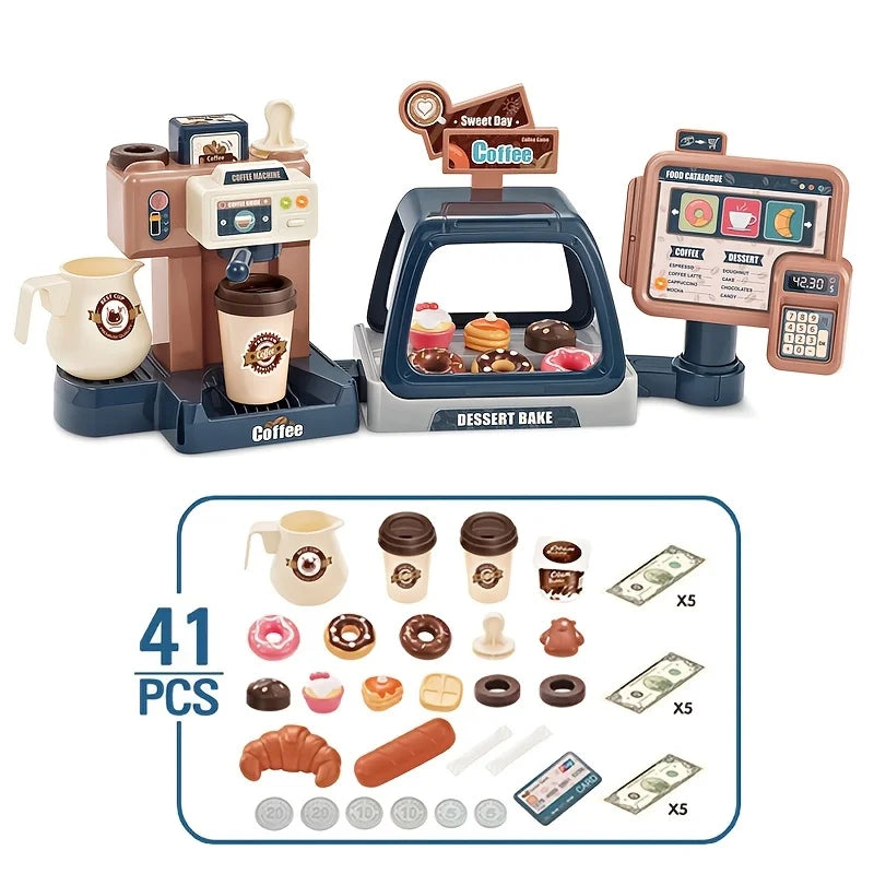 Children's PVC Coffee Maker Donut Shop Kitchen Simulation Decompression Toy Mini Dessert Supermarket Play House for 4+ Years