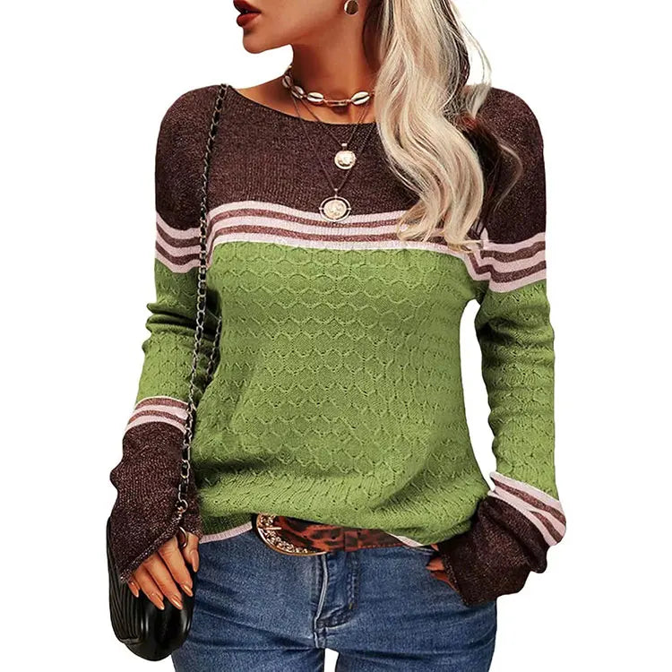 2025 Autumn Winter New EU/US Cross-Border Women's Sweater - Striped Color Block Crew Neck Long Sleeve Crochet Knit Top-4