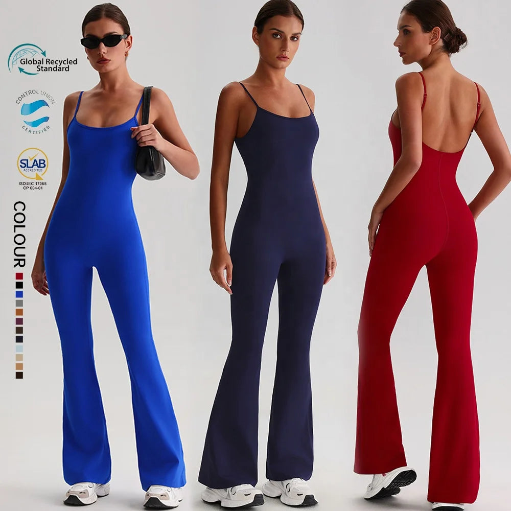 SHINBENE Recycled Polyester Women's Scoop Neck Bodycon Playsuit High Waist Full Length Casual Unitard Spaghetti Straps for