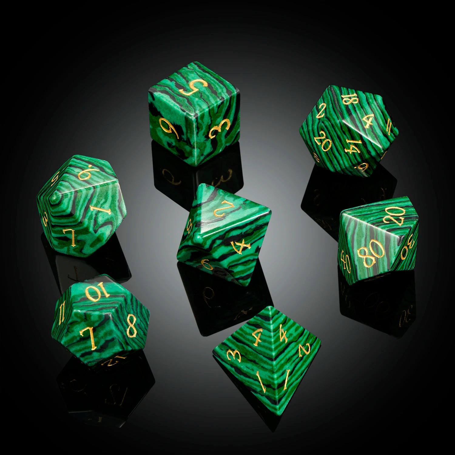New Style Natural Gemstone Dice Custom Engraved DND Polyhedral Dice Set 16mm Handmade Stone Malachite