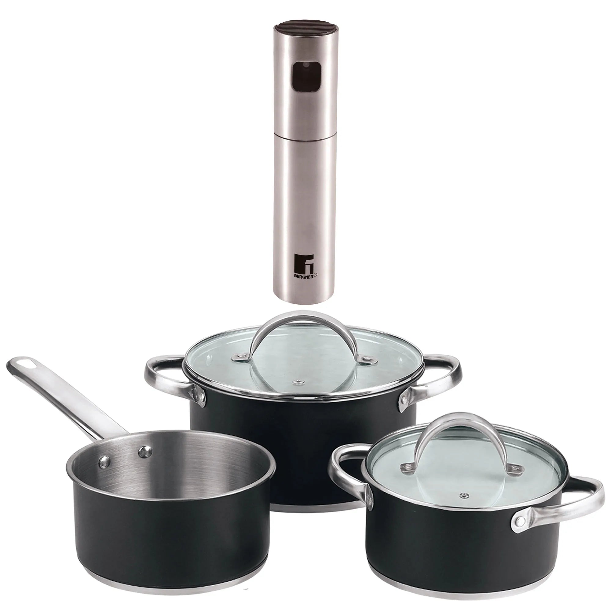 5-piece cookware set (2 saucepans with lids + saucepan) stainless steel with coating + Bergner Copper Oil and Vinegar Sprayer