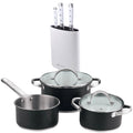 5-piece cookware set (2 saucepans with lids + saucepan) stainless steel with coating + Set of 3 stainless steel knives + White