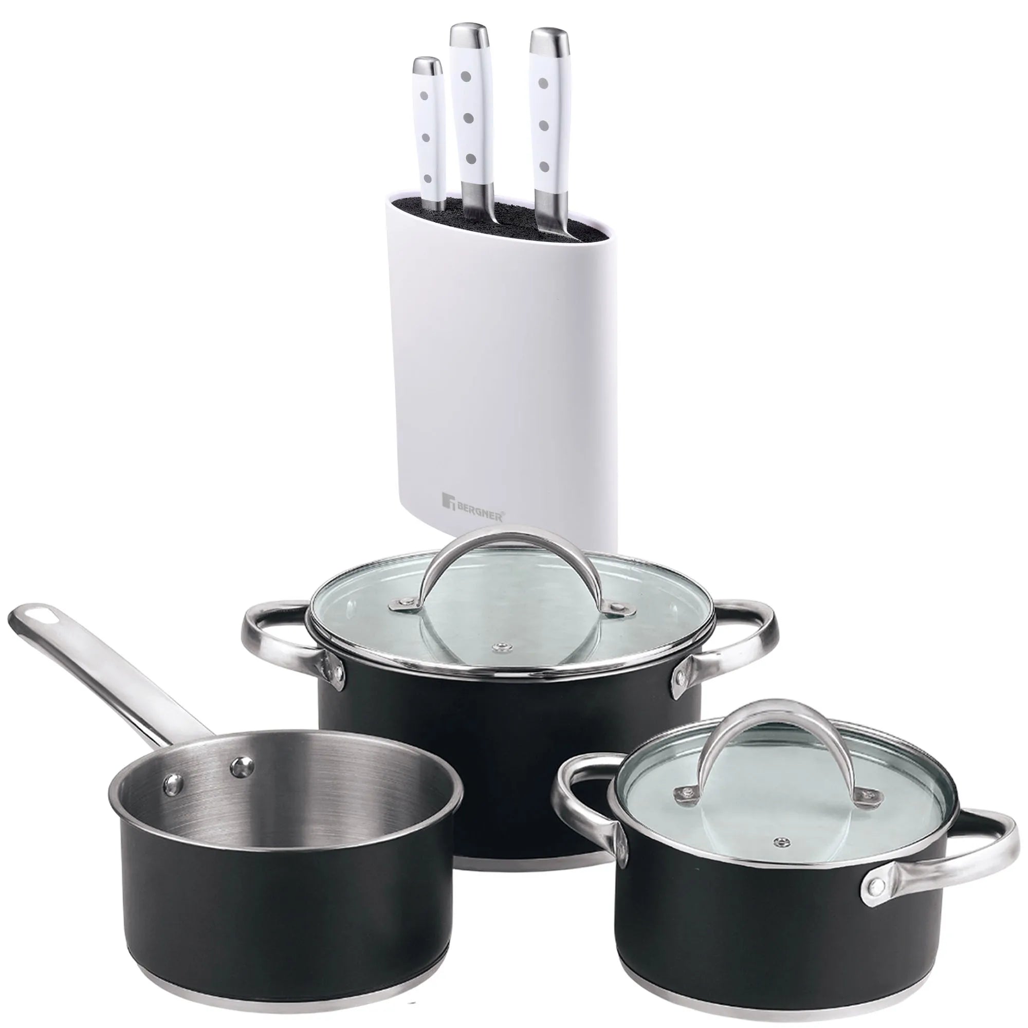 5-piece cookware set (2 saucepans with lids + saucepan) stainless steel with coating + Set of 3 stainless steel knives + White
