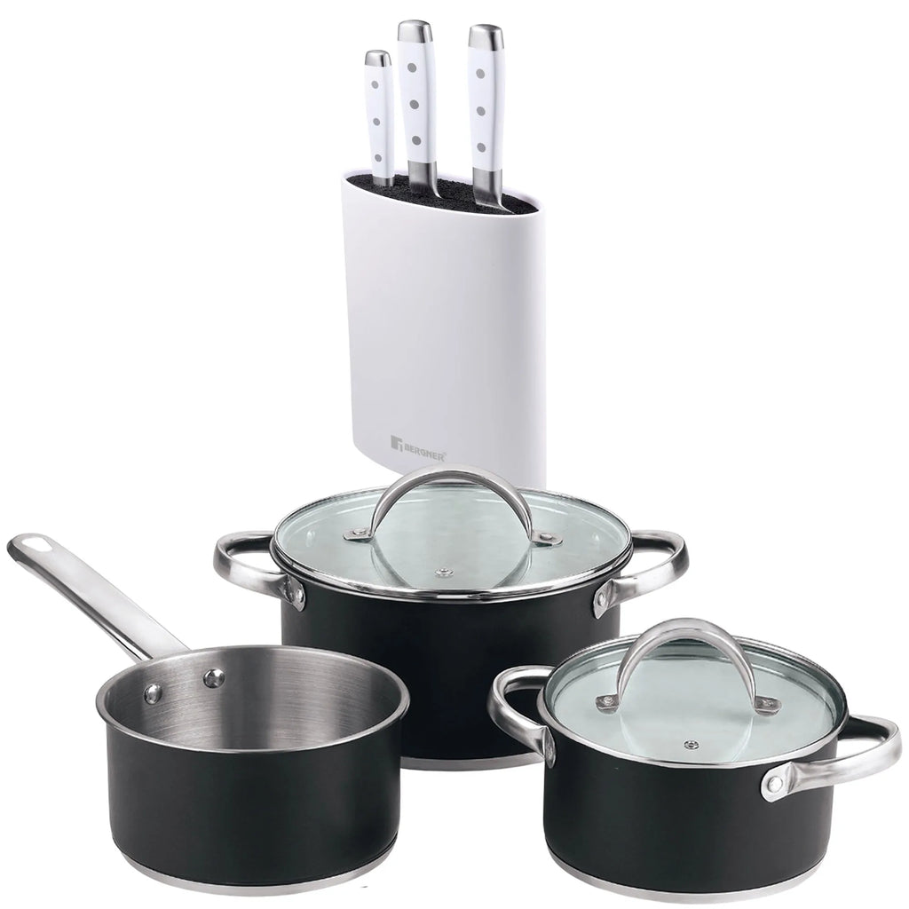 5-piece cookware set (2 saucepans with lids + saucepan) stainless steel with coating + Set of 3 stainless steel knives + White