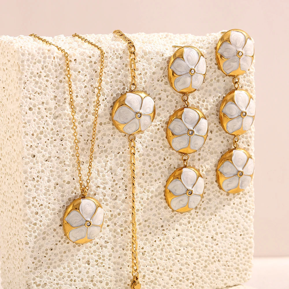 Dreamshow Fashion Jewelry Set Enamel Flower Pendant Necklace Gold Plated Stainless Steel Jewelry Set
