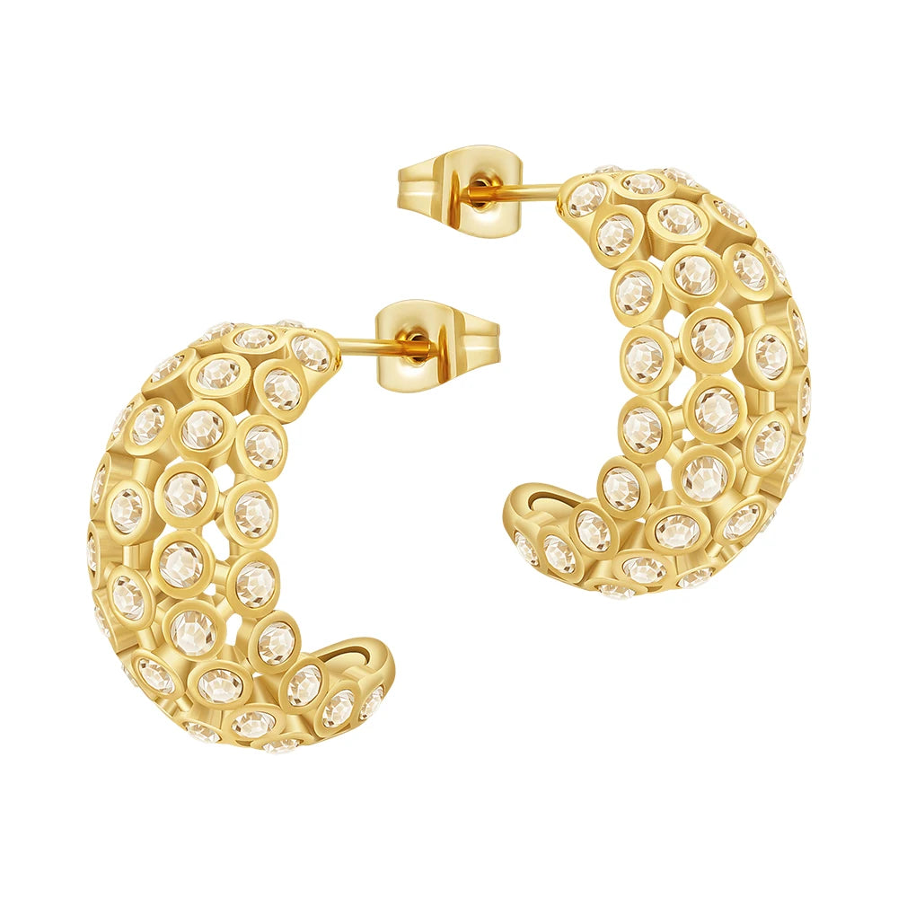 Latest 18K Gold Plated  Stainless Steel Jewelry Curved C-shaped Zircon Hoop Earrings Fashion for Women Gifts Earrings E241540