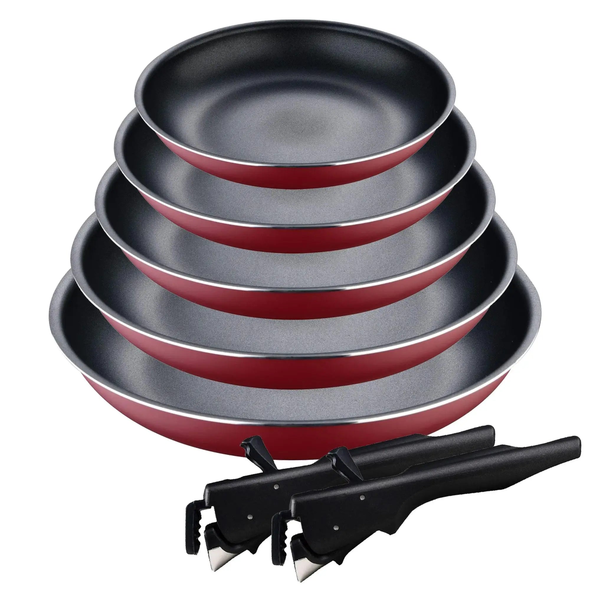 Set of 5 frying pans 18/20/22/24/26cm in pressed aluminum red + 2 removable Click&Cook handles by Bergner