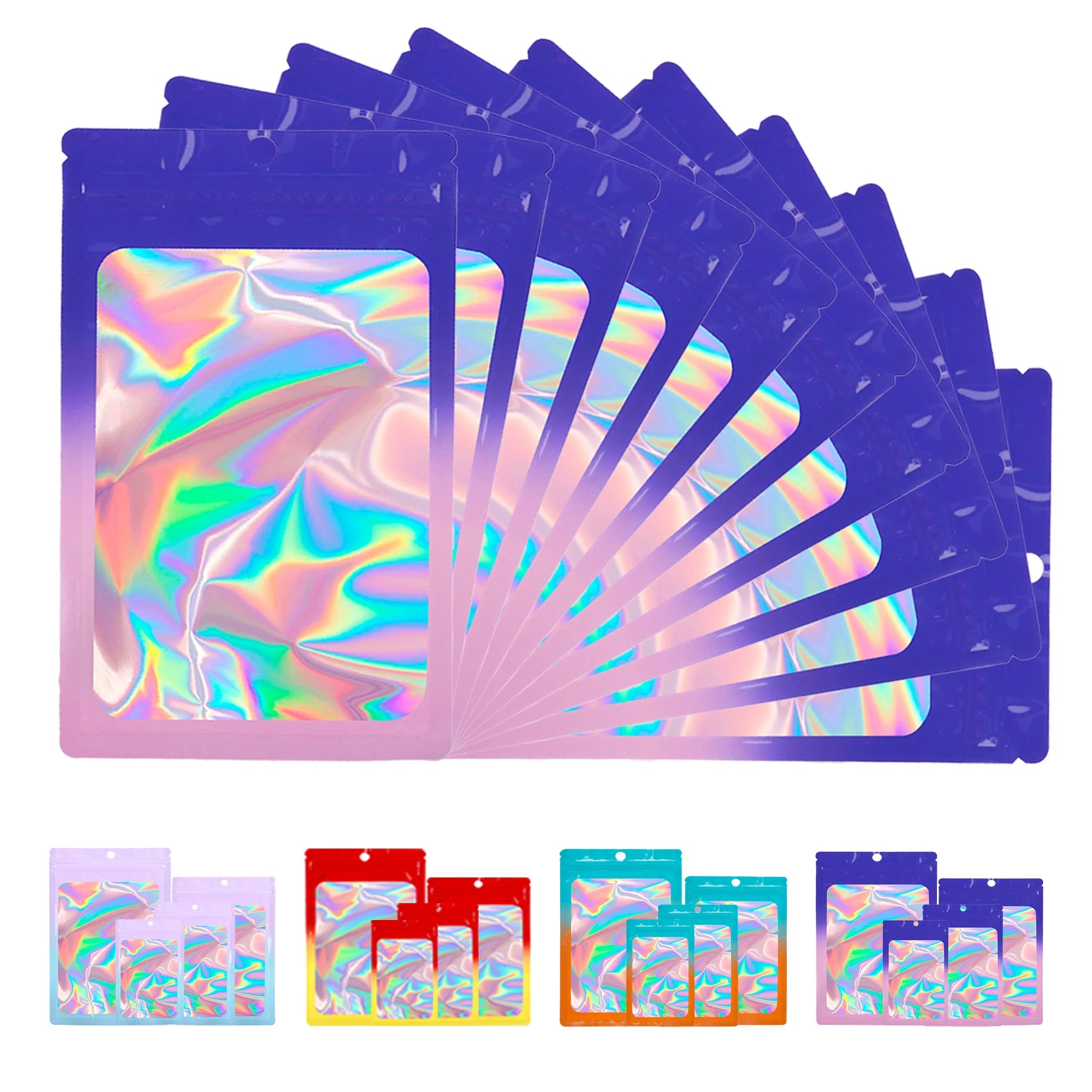 Purple Fade Blue Resealable Mylar Holographic Bags Food Storage Smell Proof Bags with Front Window Packaging Pouch