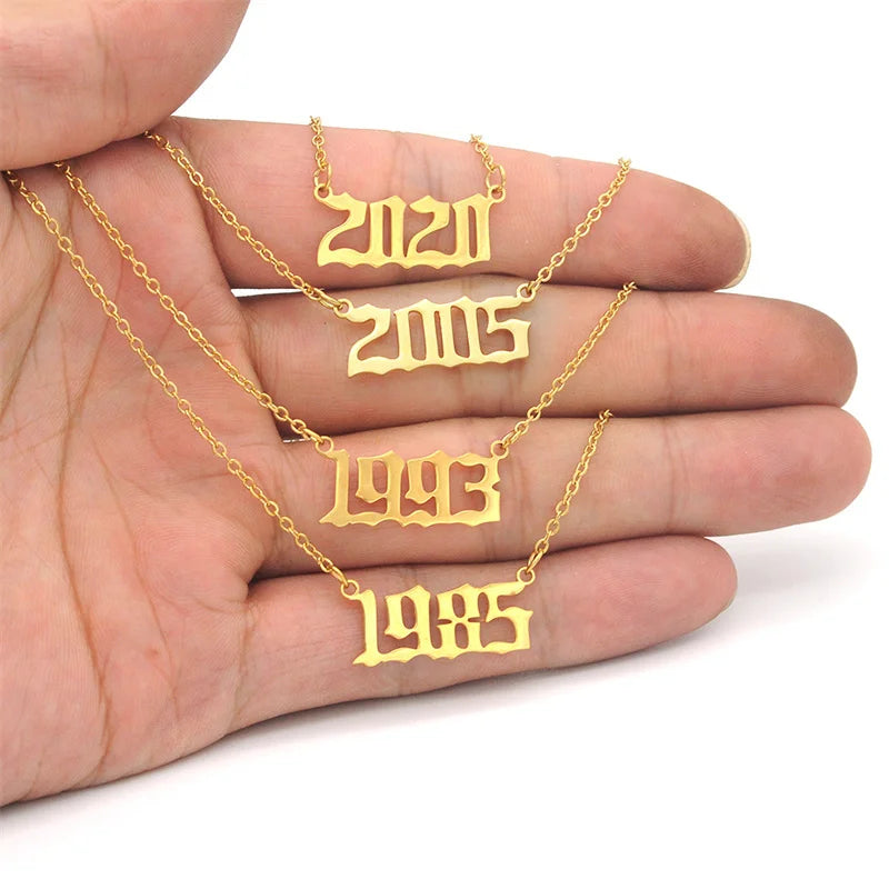 Wholesale Trendy Stainless Steel Necklace Long Pendant Gold-Plated Birthday Numbers 1980-2020 Diamond-Studded Flower Shape
