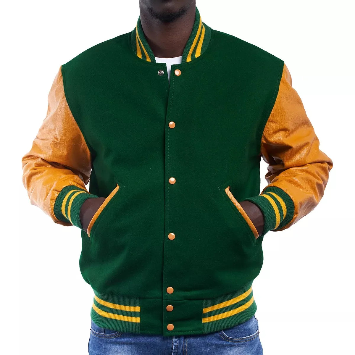 Green Varsity Jacket with Tan Faux Leather Sleeves Snap Button Wool Body Custom Logo College Baseball Bomber Letterman Coat
