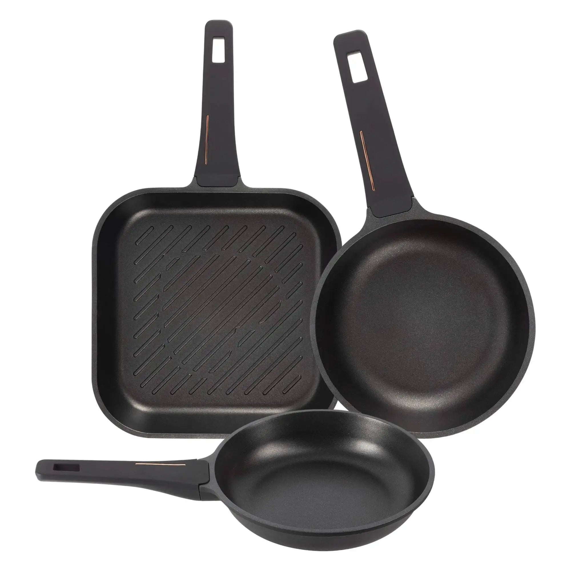 Set of 2 frying pans 2428cm + Grill pan 28x28cm in cast aluminum Copper Black Bergner