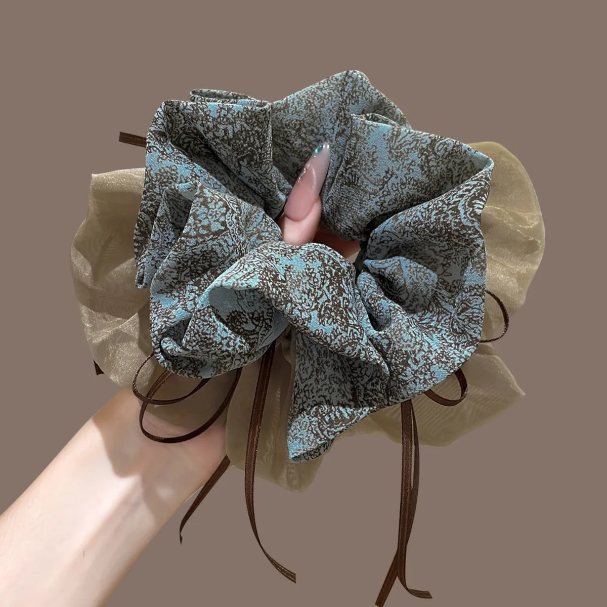 PFT Customizable High-End Double-Layer Elastic Large Intestine Headband Women Vintage Printed Oversized Hair Cord Bowknot MegaBDM