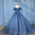 Jancember 9789 Glitter Elegant Blue Off Shoulder Bridal Ball Gown Evening Dress