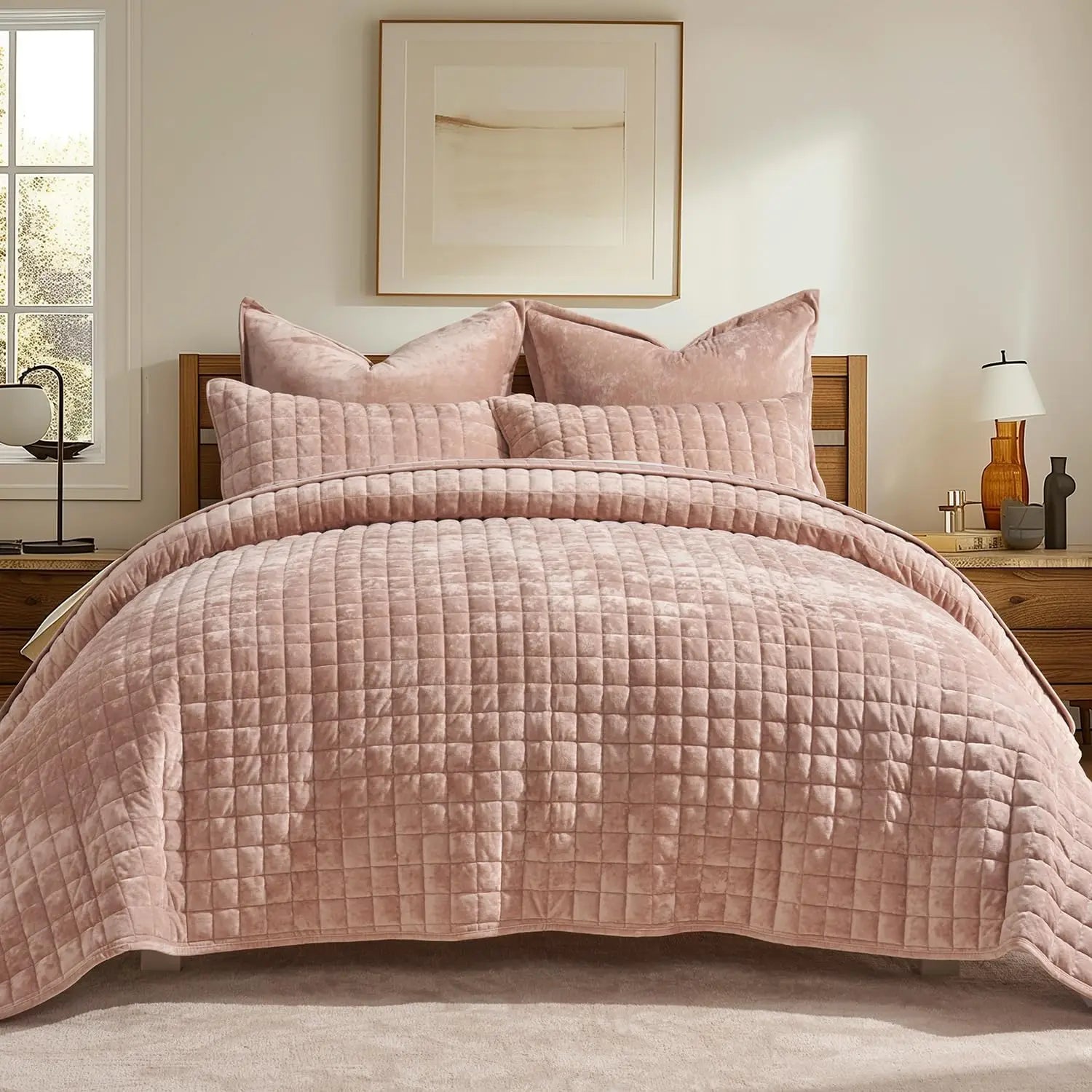 Luxury Velvet Quilt Set King Size Peachy Clay Velvet Comforter Set Oversized Bedspread Coverlet Quilted Bedding Set
