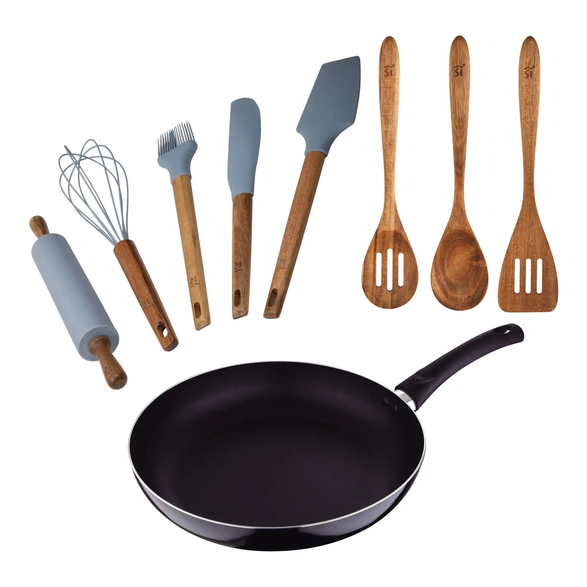 PIXEL Chef Saucepan Set (24x4.5cm) in pressed aluminum + Set of 3 wooden kitchen utensils + Set of 5 silicone kitchen utensils
