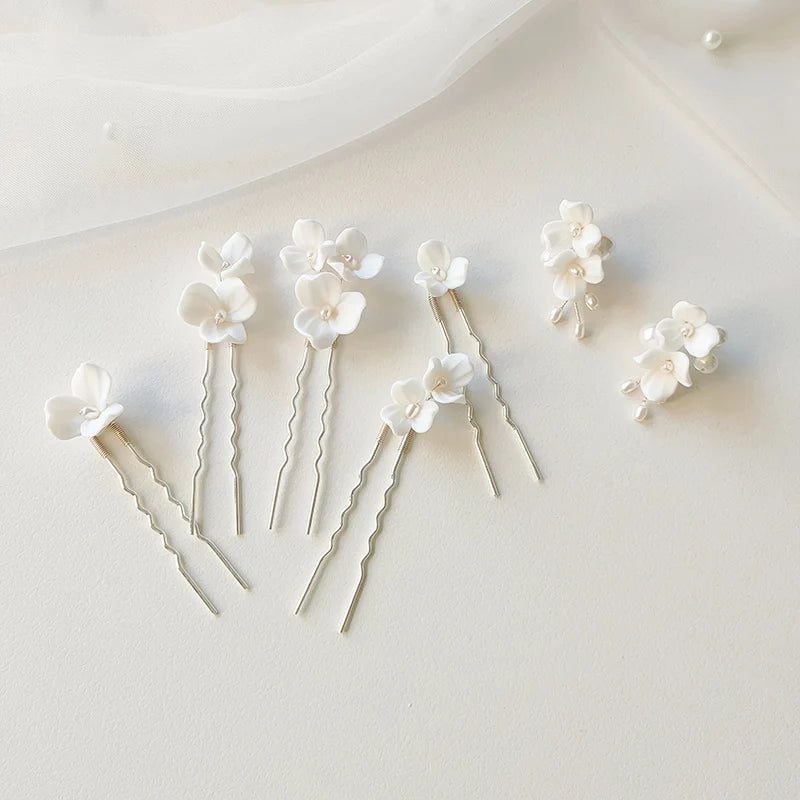 Simple European Style Wedding Pearl Hair Pins Ceramic Flower Hair Piece Accessories Earring Handmade