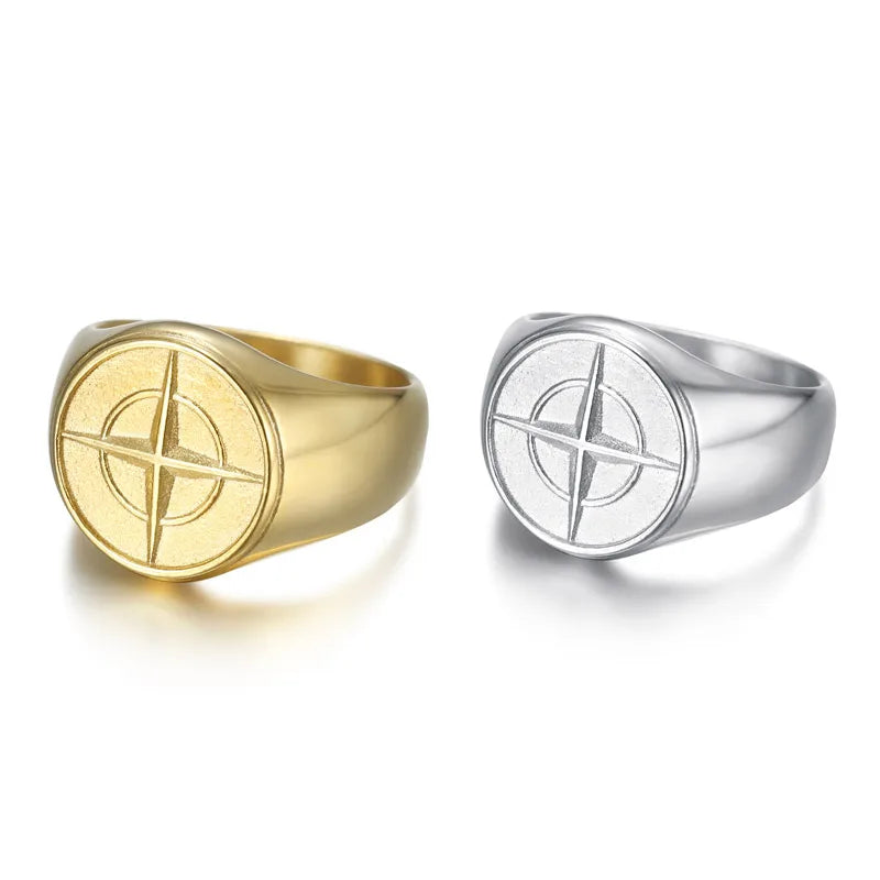 Low MOQ Classic Princess Cut 18K Gold Plated ZIRCON Jewelry Waterproof Tarnish Free Unisex Stainless Steel Compass Signet Ring