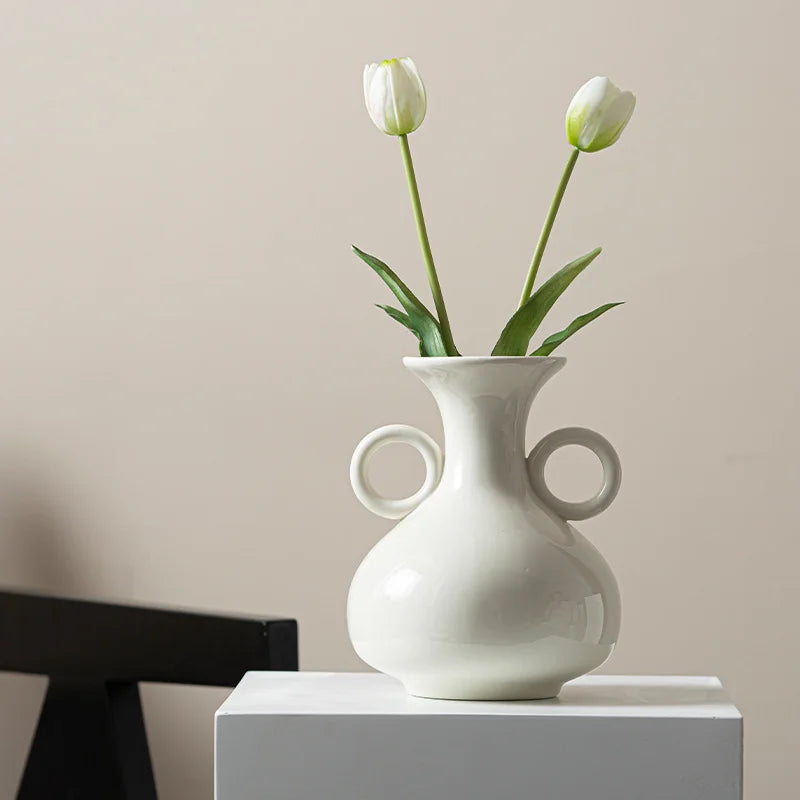 Modern Cream White Ceramic Vase with Double Handles Decorative Flower Vase for Home Living Room Table Centerpiece MegaBDM