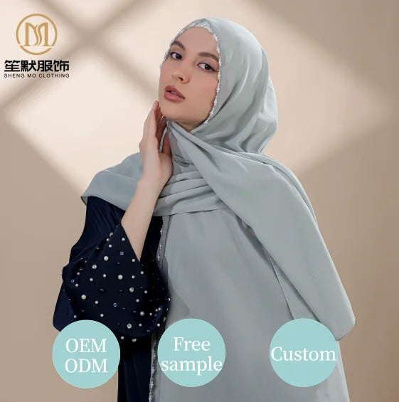 Pearl Beaded Chain Pearl Chiffon Hijab Baby Seam Drape Breathable Plain Shengmo Muslim Scarf