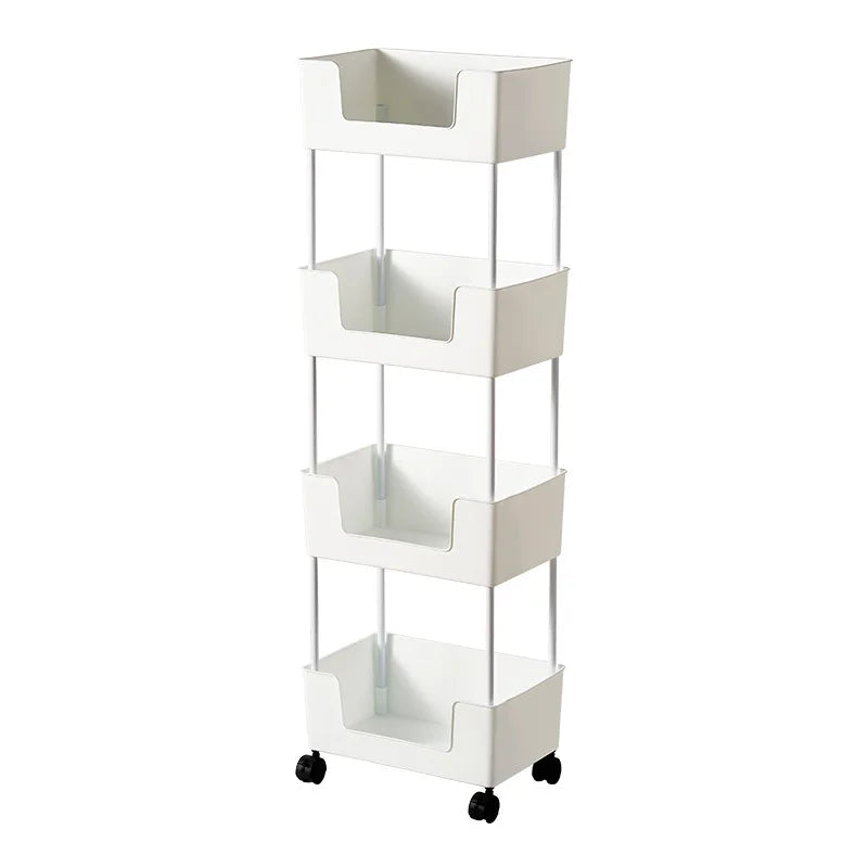 White Multi-Layer Mobile Bookshelf Storage Rack Simple Floor Standing Bookcase with Small Cart for Living Room Book Storage