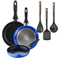 Set of 3 San Ignacio frying pans (16+20+24cm) pressed aluminum industrial blue + Set of 3 PBT kitchen utensils black and copper