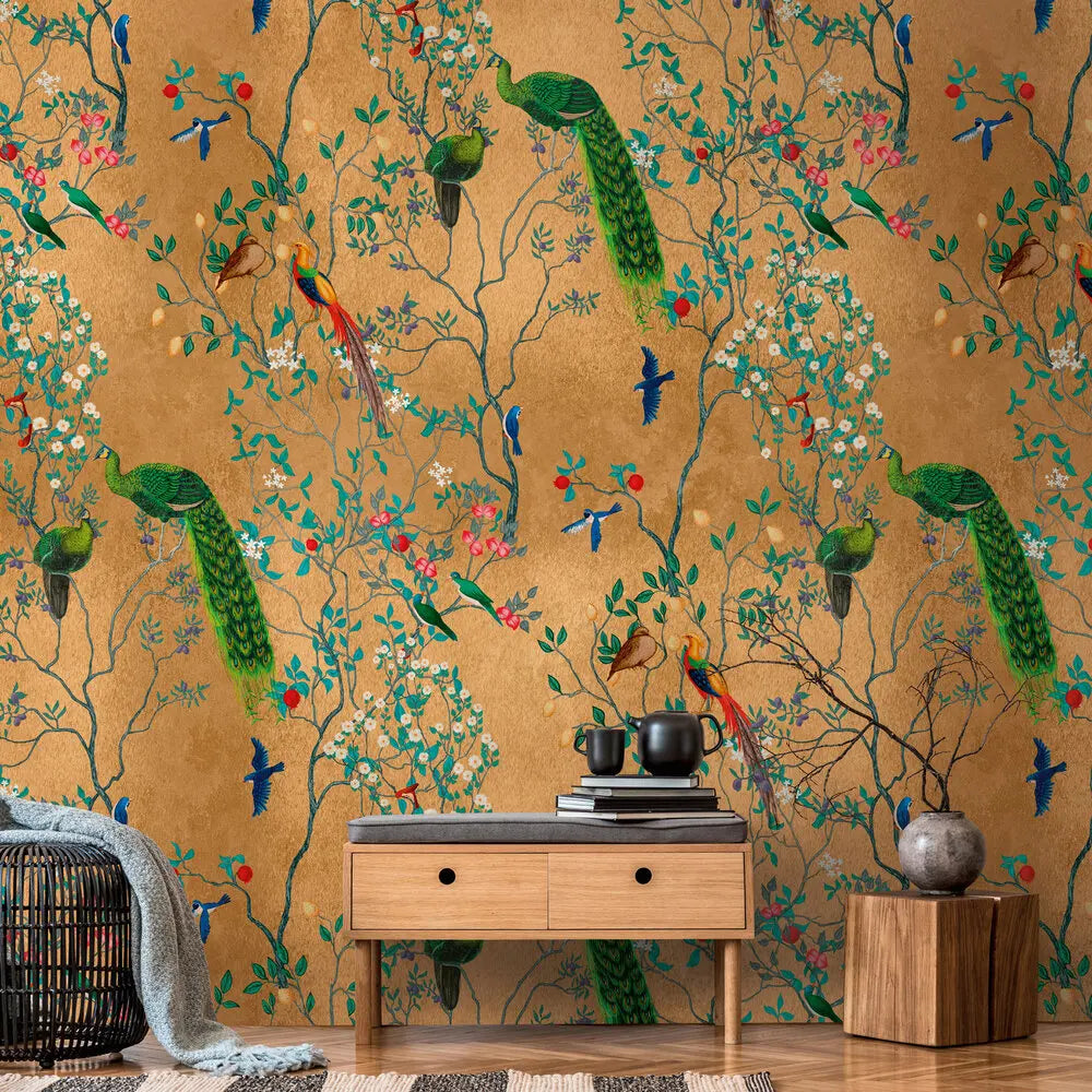 Germany Made Modern Sound-Absorbing Hospital Gym Bedroom Dining Photo Wallpaper Murals Bird Coloured Brown Green Blue Non Woven