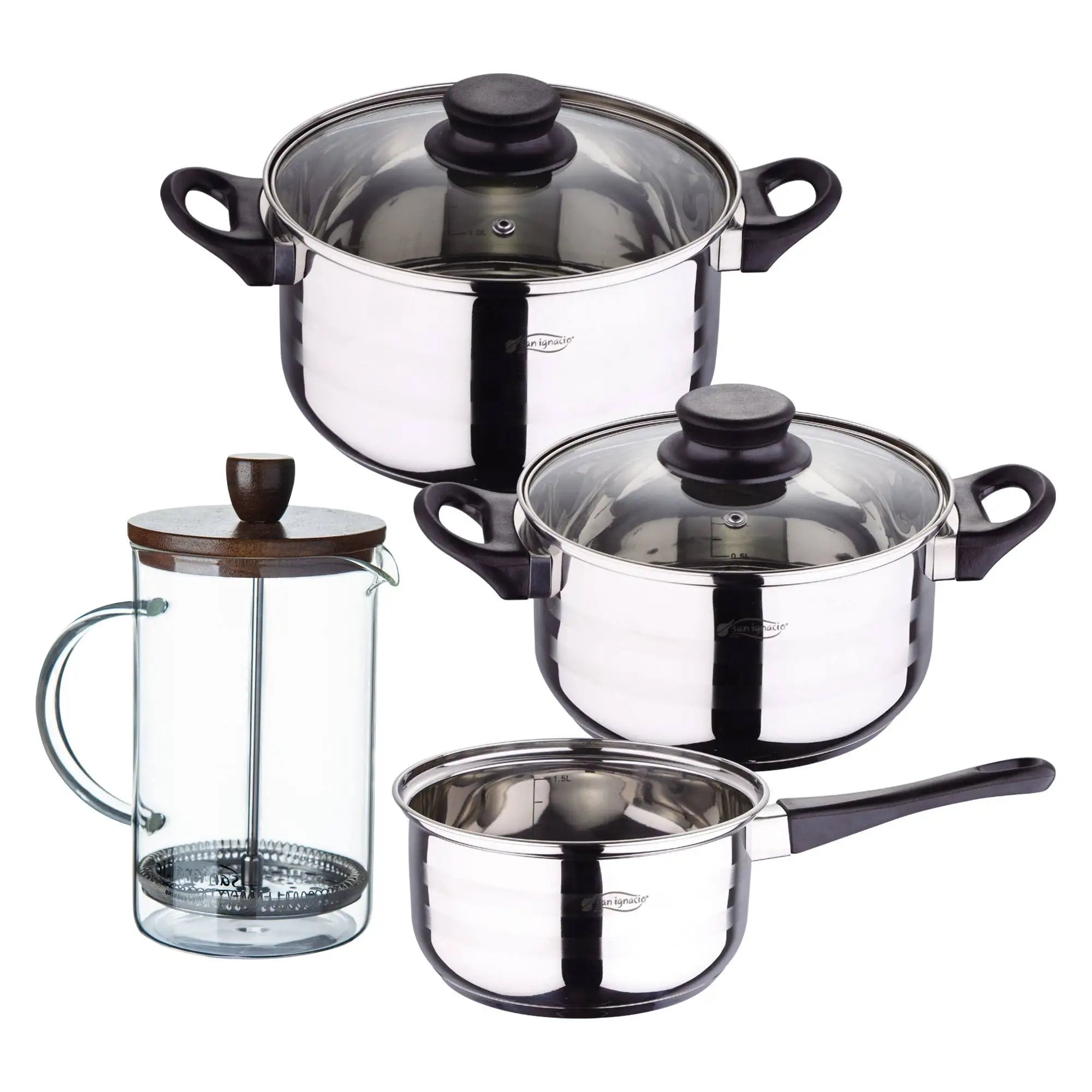 Toledo 5pc Cookware Set Suitable for Induction Hobs + Borosilicate Glass French Press Coffee Maker 15.8x10x18.8cm NOIA San