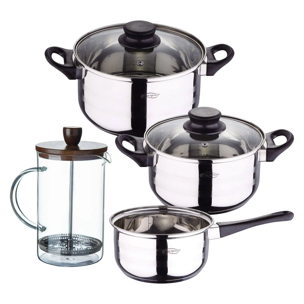 Toledo 5pc Cookware Set Suitable for Induction Hobs + Borosilicate Glass French Press Coffee Maker 15.8x10x18.8cm NOIA San