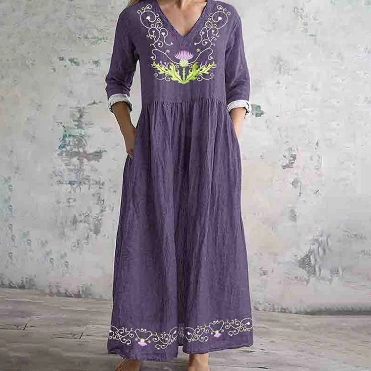 2025 Summer Fashion - Forward 3D Printed Casual Comfortable and Loose Half - Length Sleeve V - Neck Maxi Dress