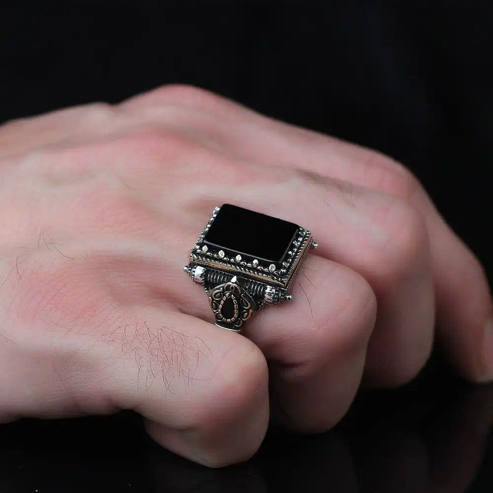 Azuris Custom Logo 925 Sterling Silver Ottoman Style Men's Ring Naturel Black Stone Handmade in Turkey VALKH1493