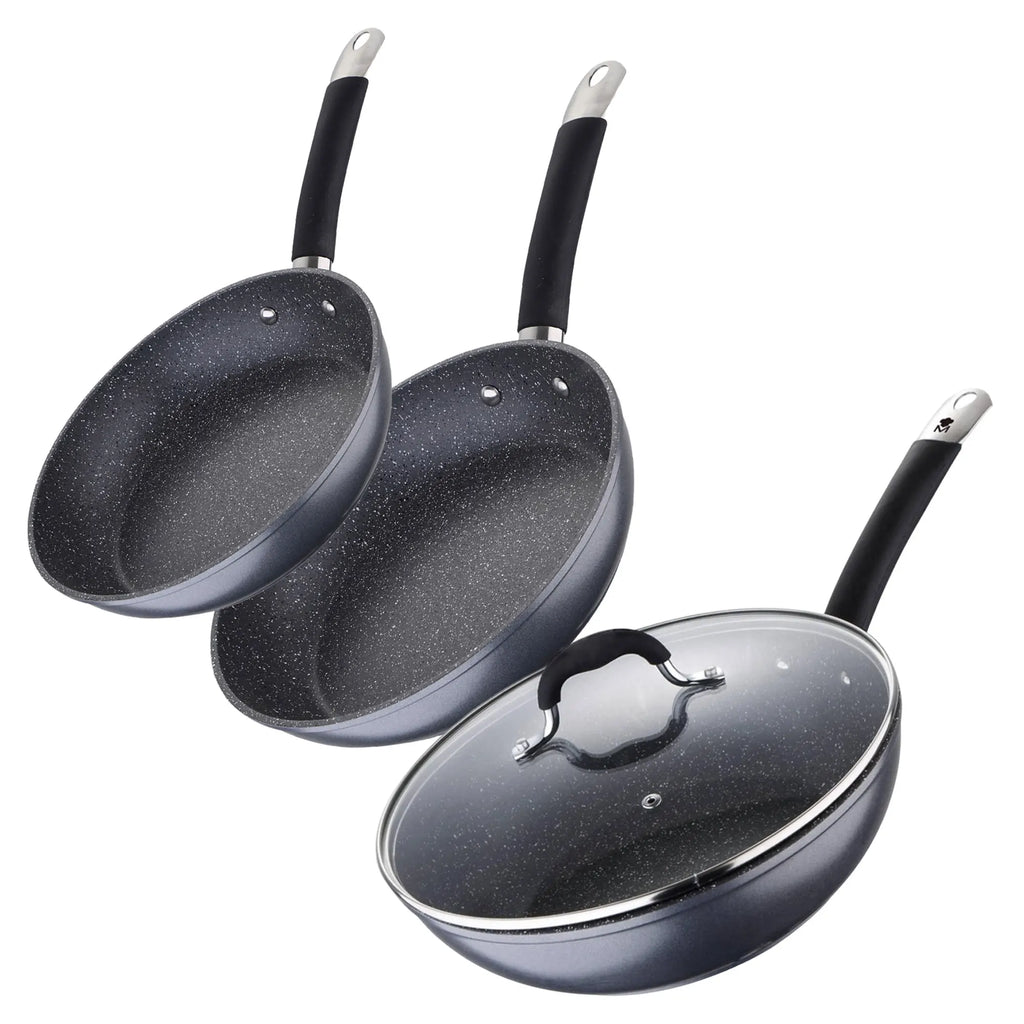 Set of 2 Frying Pans 2024cm + Wok 28cm in Forged Aluminum suitable for induction Grey color MasterPRO